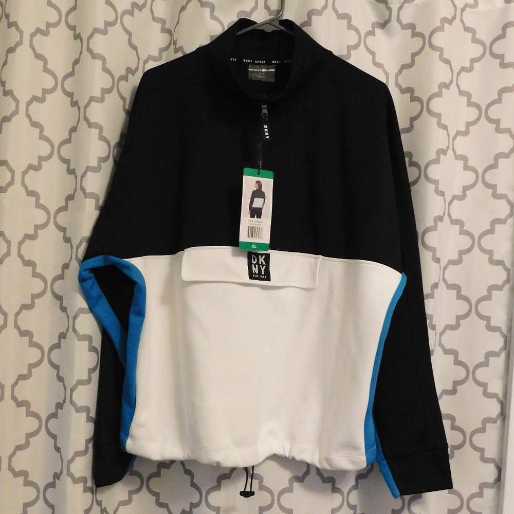 DKNY Black, White & Turquoise Half Zip Sweatshirt - XL (NWT)